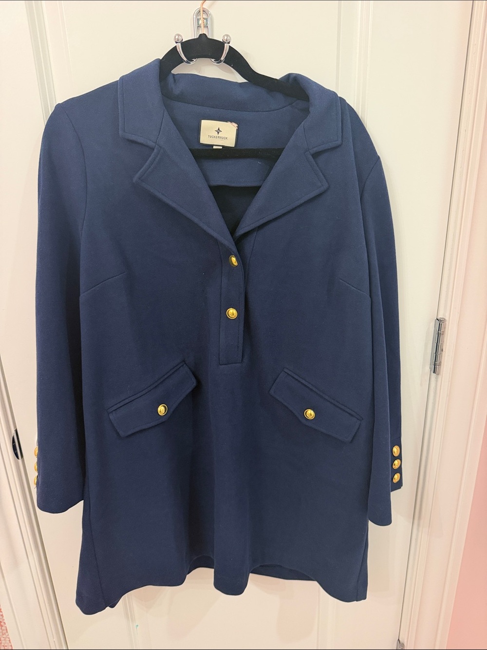 Tuckernuck navy blue v neck dress with gold buttons accents size large